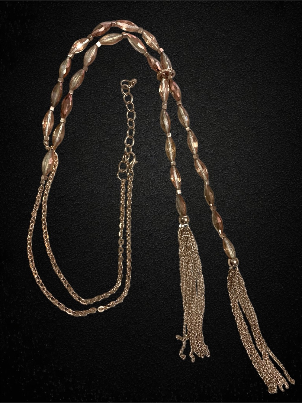Delicate Rose-gold-tone long tassel necklace Glass beads 26 inch